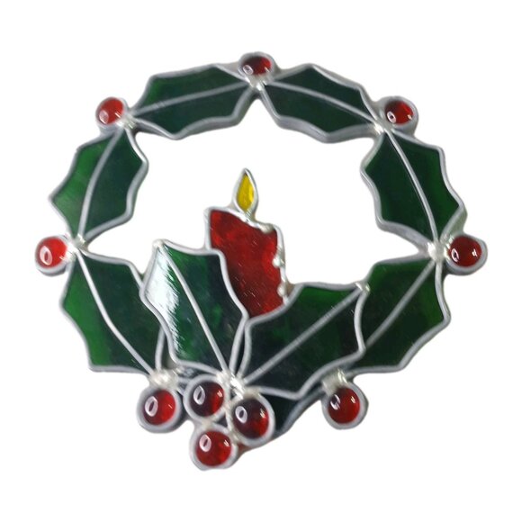 Holly Berries Candle Wreath Suncather Stained Glass Ornament 7 1/2" - Picture 3 of 7